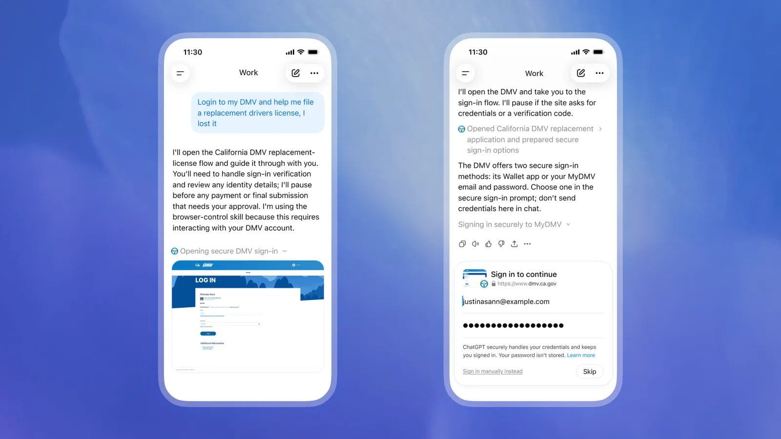 DMV タスクを一時停止し、Web サイトのアドレスとマスクされたパスワードを含む安全なサインインフォームを表示している iOS 版 ChatGPT Work。