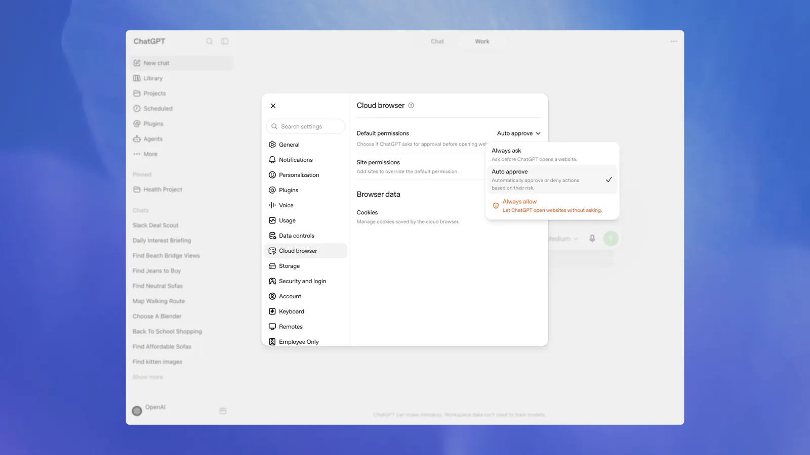 Always ask、Auto approve、Always allow の Web サイト権限オプションを表示する Cloud browser 設定。