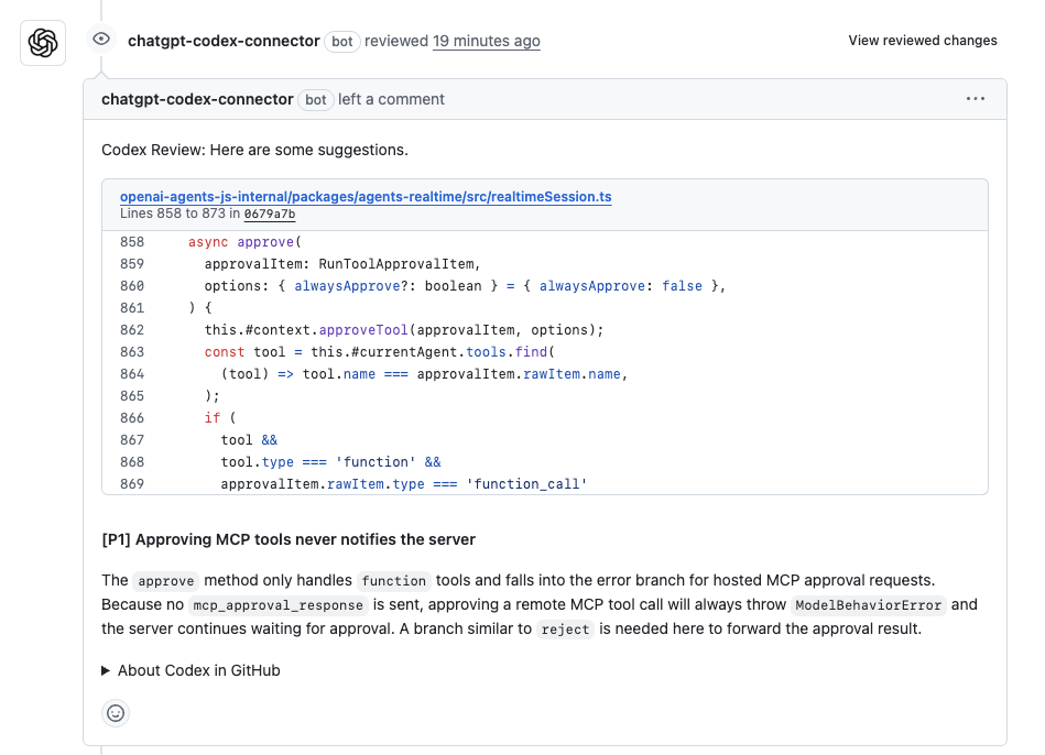 Contoh tinjauan kode Codex pada pull request