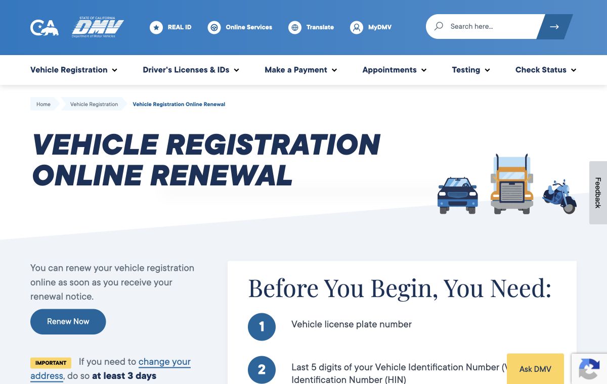 加利福尼亚州 DMV 网站，显示“车辆登记在线续期”和“开始前”检查清单。
