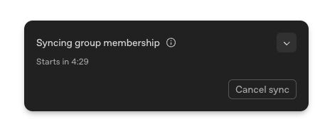 Geri sayımı ve Cancel sync denetimini gösteren Syncing group membership paneli