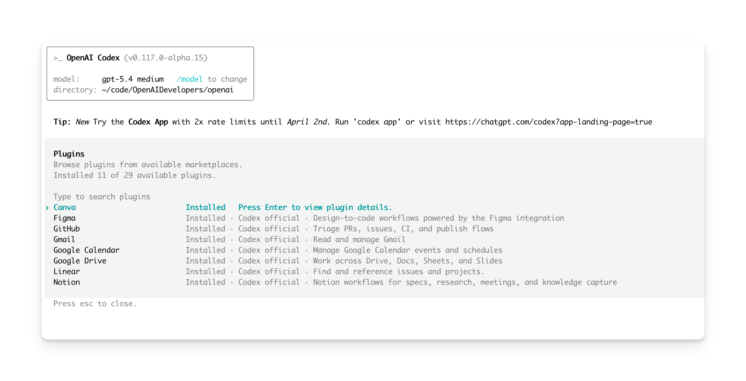 Lista de plugins en Codex CLI