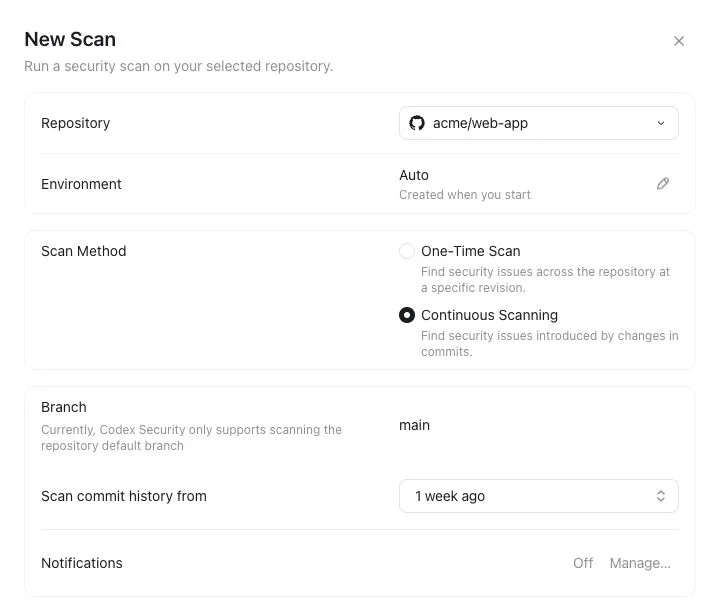  New Scan 设置，查看虚构的 acme/web-app 仓库、持续扫描、main 分支和一周的提交历史