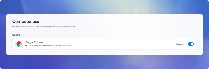 Computer Use 设置，其中显示 Google Chrome 已通过 Chrome 扩展程序连接