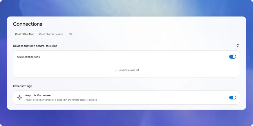 允许设备控制这台 Mac 并使其保持唤醒的 Connections 控件