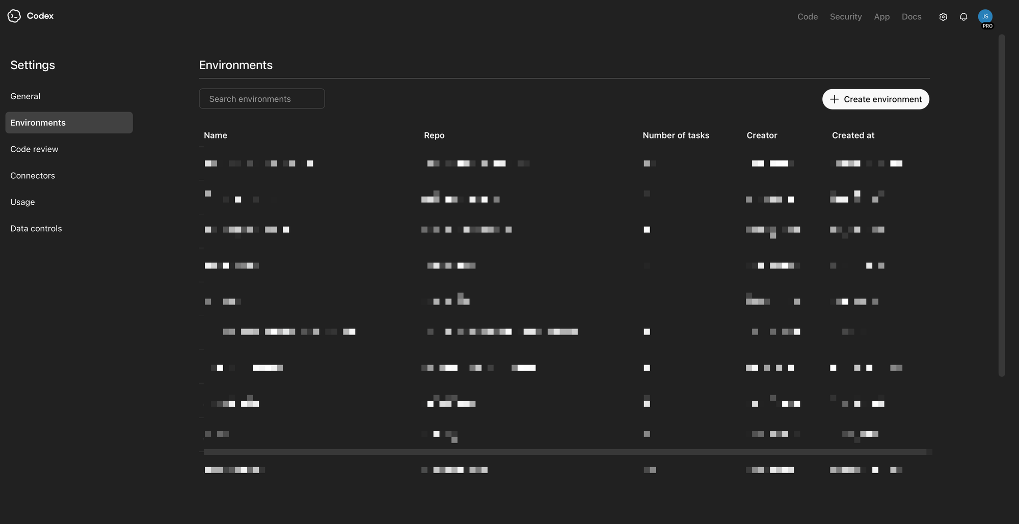 Codex environments 页面