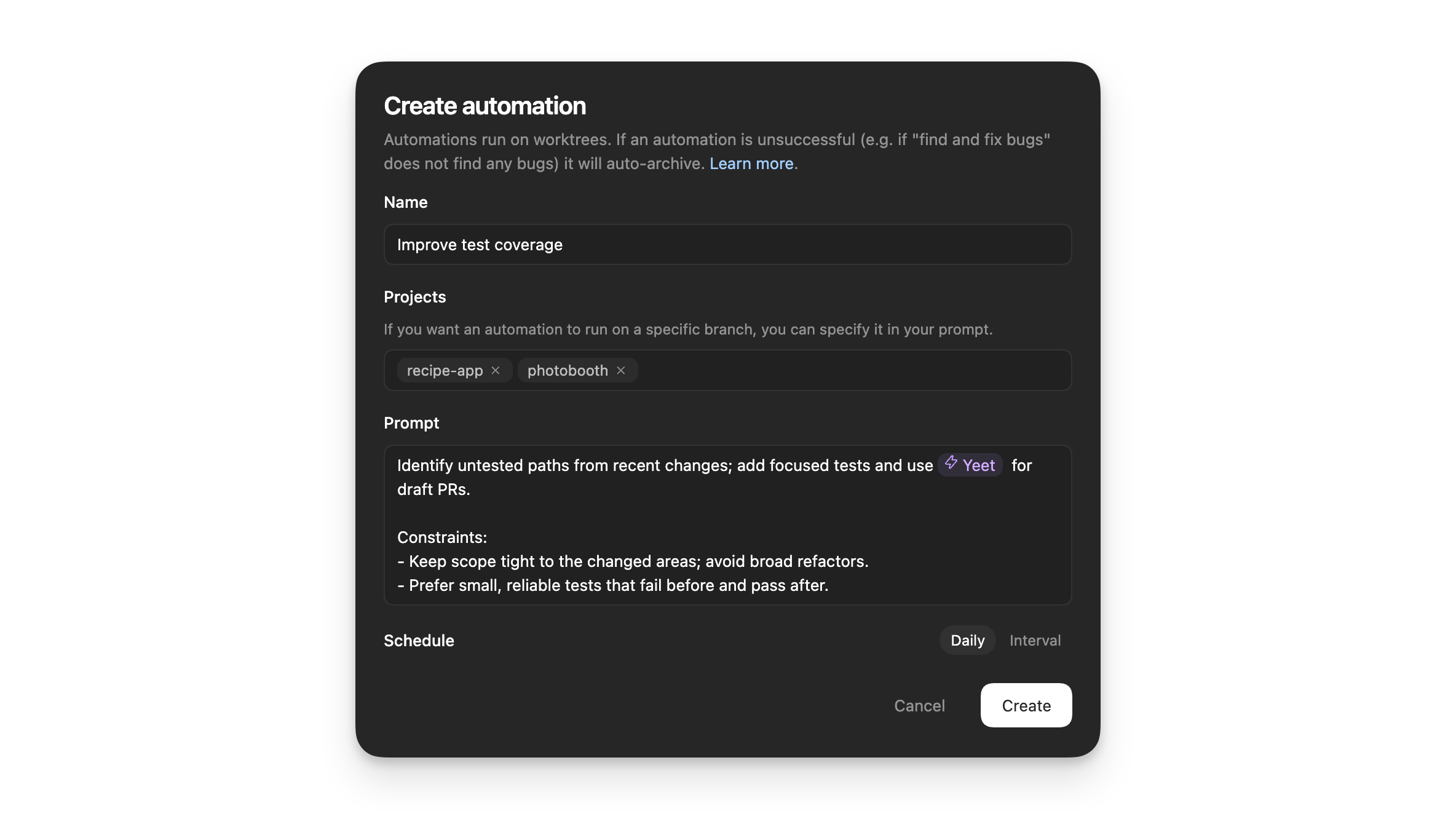 包含计划和提示词字段的自动化创建表单