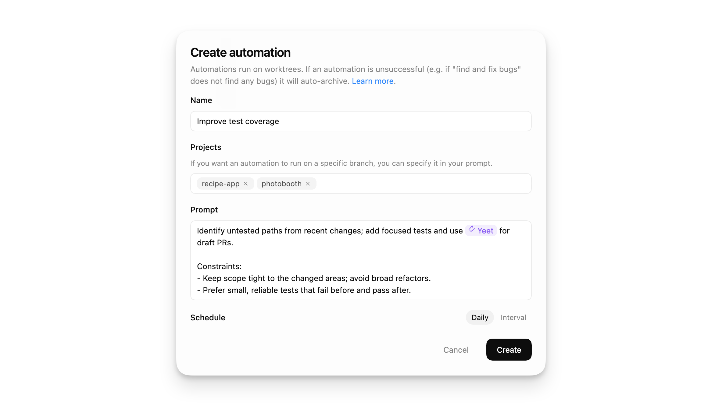 包含计划和提示词字段的自动化创建表单