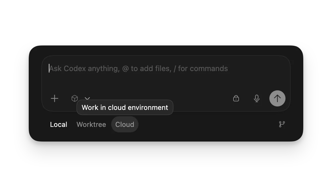 新线程 composer，显示 Local、Worktree 和 Cloud 模式选项
