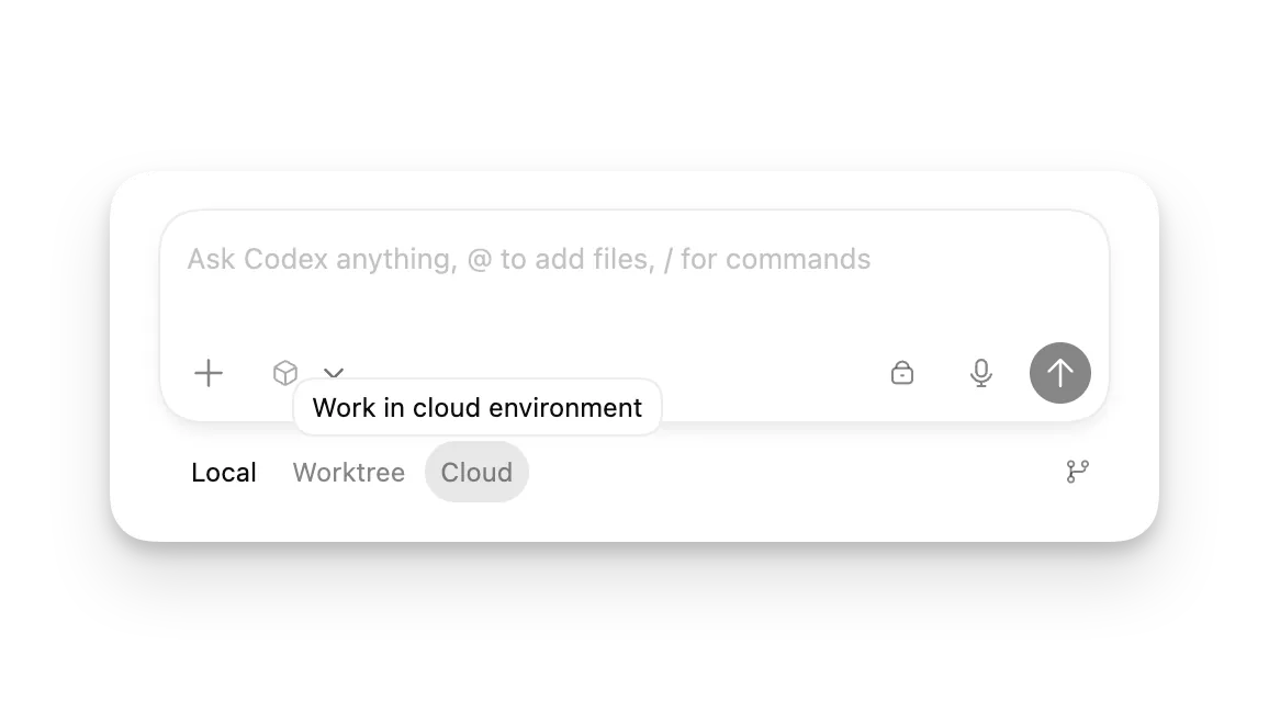 新线程 composer，显示 Local、Worktree 和 Cloud 模式选项