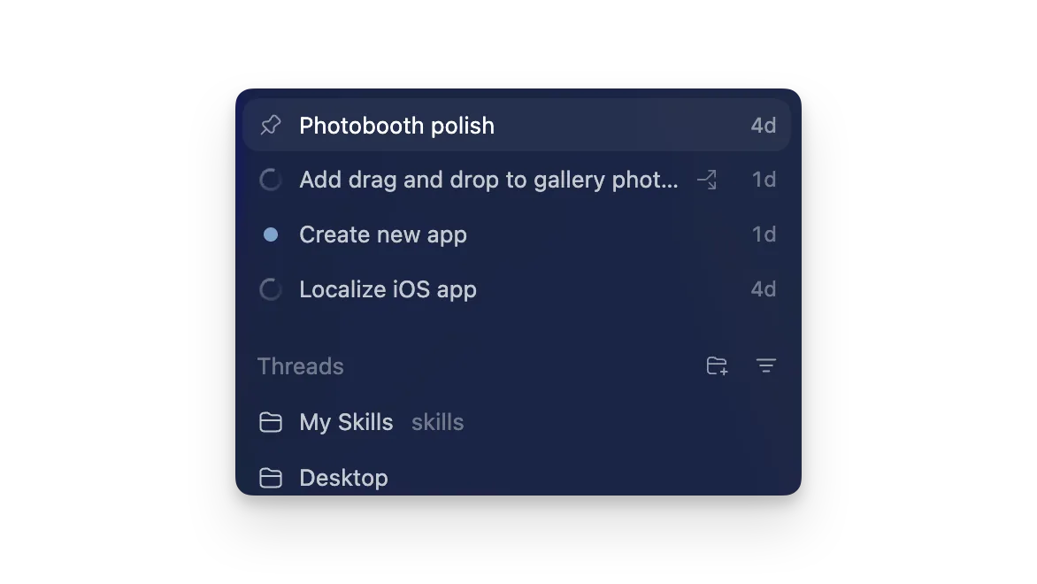 Codex App 侧边栏中显示多个项目，主面板中显示多个线程
