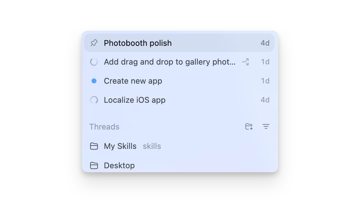 Codex App 侧边栏中显示多个项目，主面板中显示多个线程