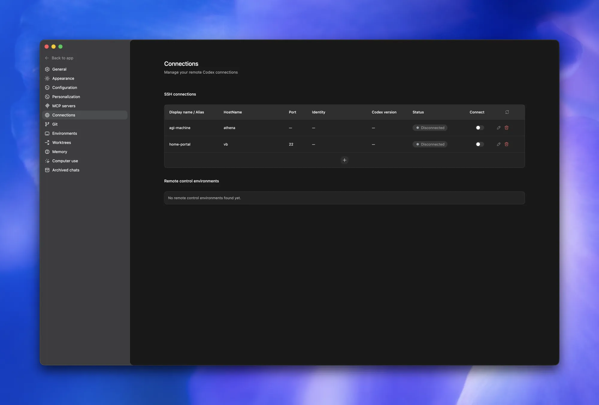 Codex App 设置中显示 SSH 远程连接