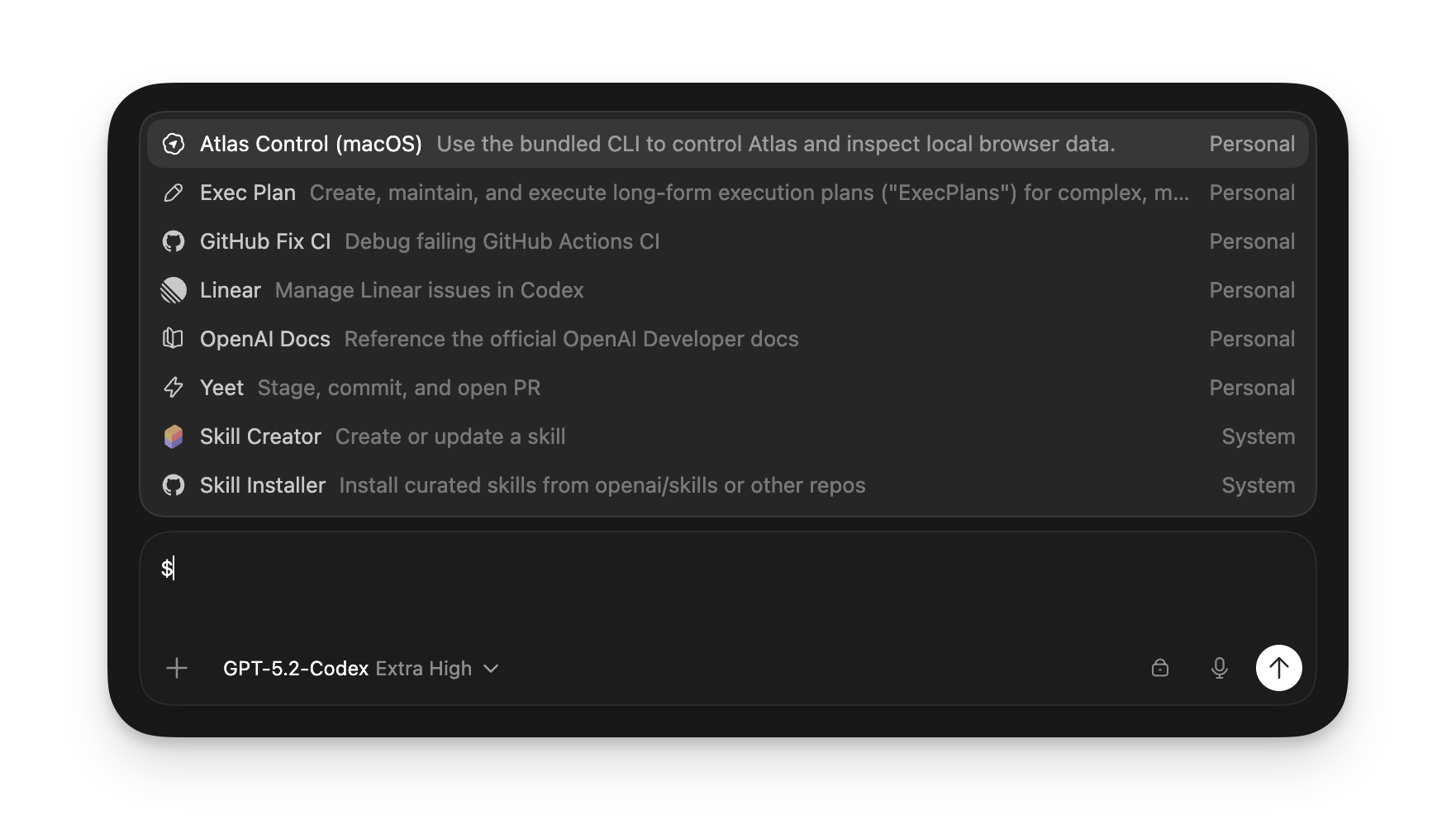 Codex App 中可用技能的选择器