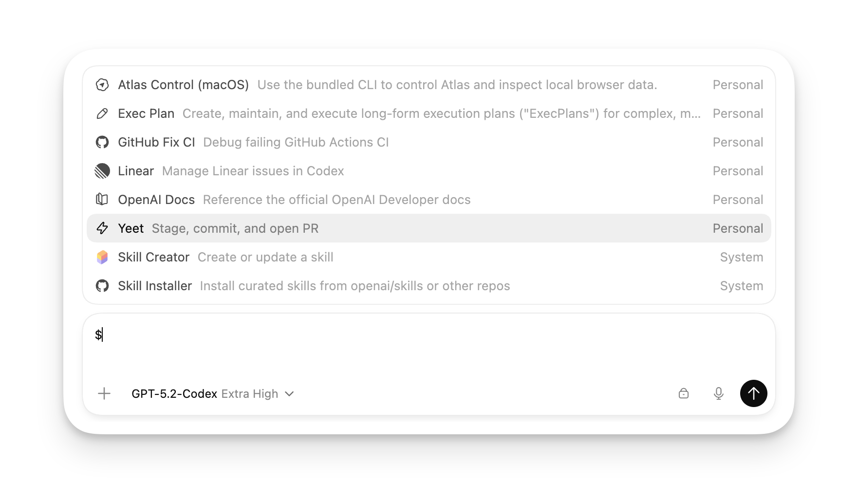 Codex App 中可用技能的选择器