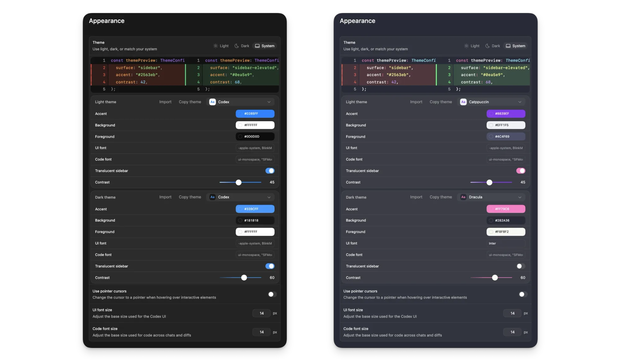 Codex App 的外观设置,显示主题选择、颜色控制和字体选项