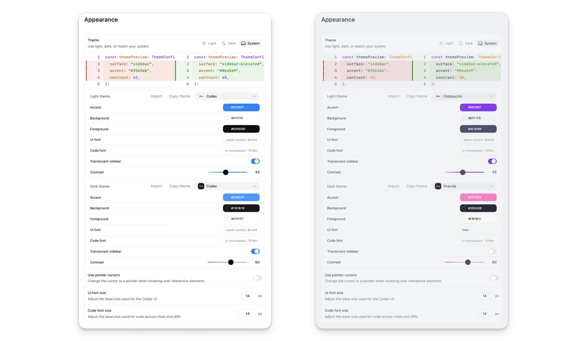 Codex App 的外观设置,显示主题选择、颜色控制和字体选项