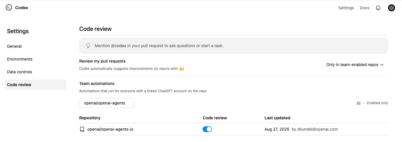 显示 Code review（代码评审）开关的 Codex 设置页面