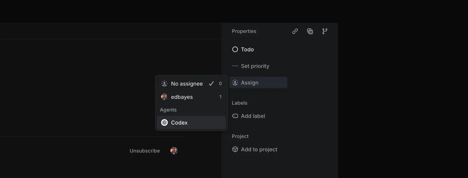 把 Codex 指派给 Linear 问题单（深色模式）