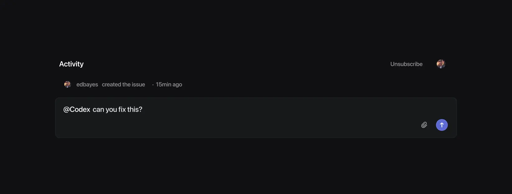 在 Linear 问题单评论中提到 Codex（深色模式）