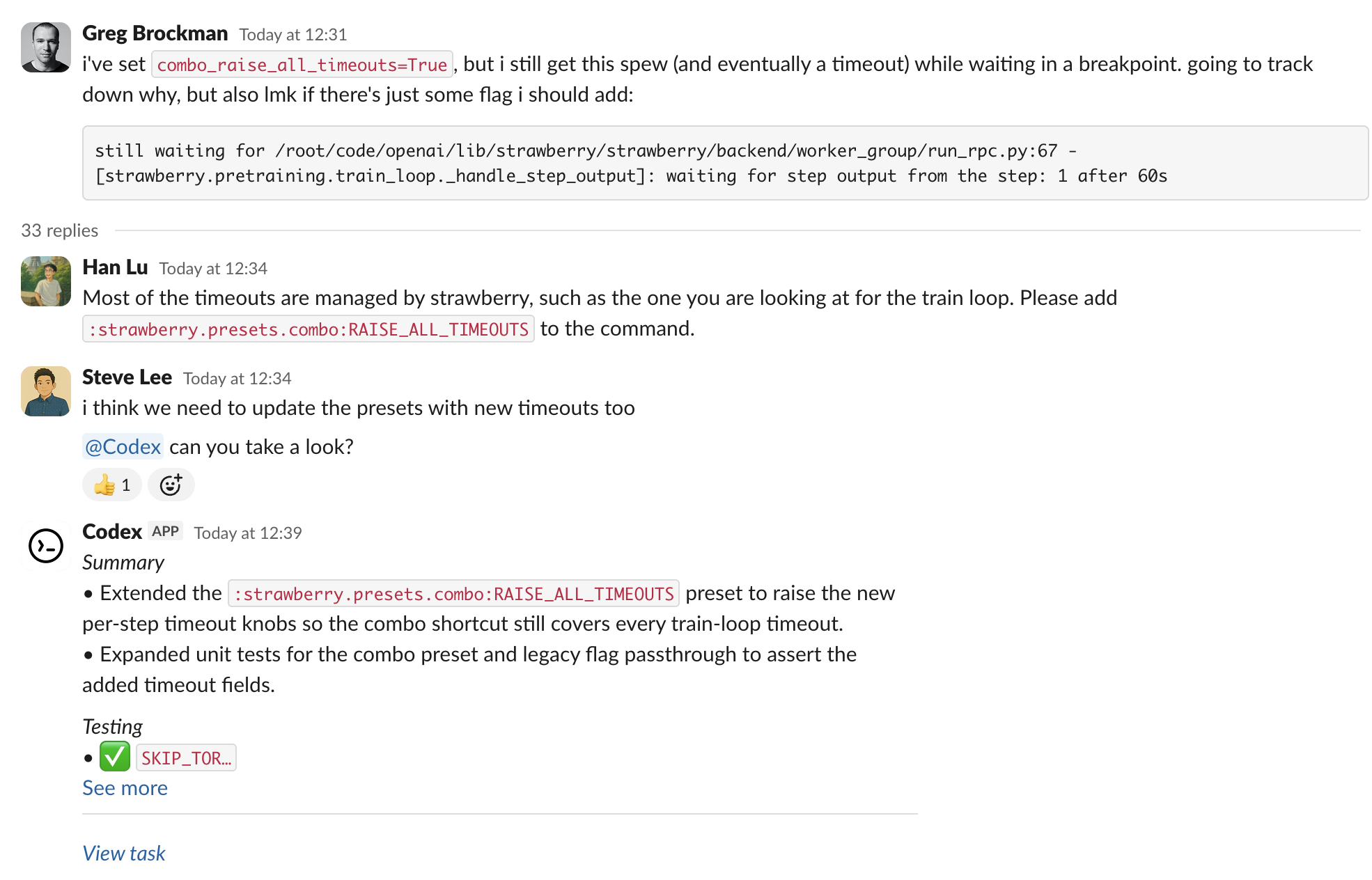 Slack 中运行中的 Codex 集成