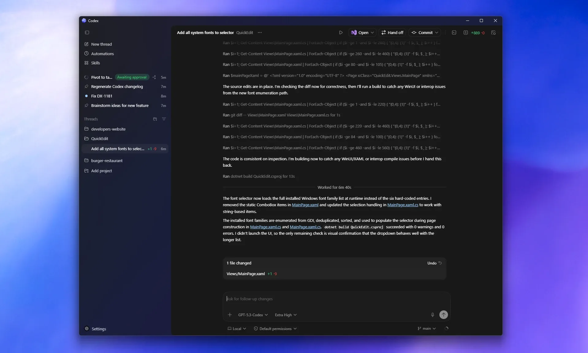 Windows 版 Codex App,展示项目侧边栏、活动线程和评审面板