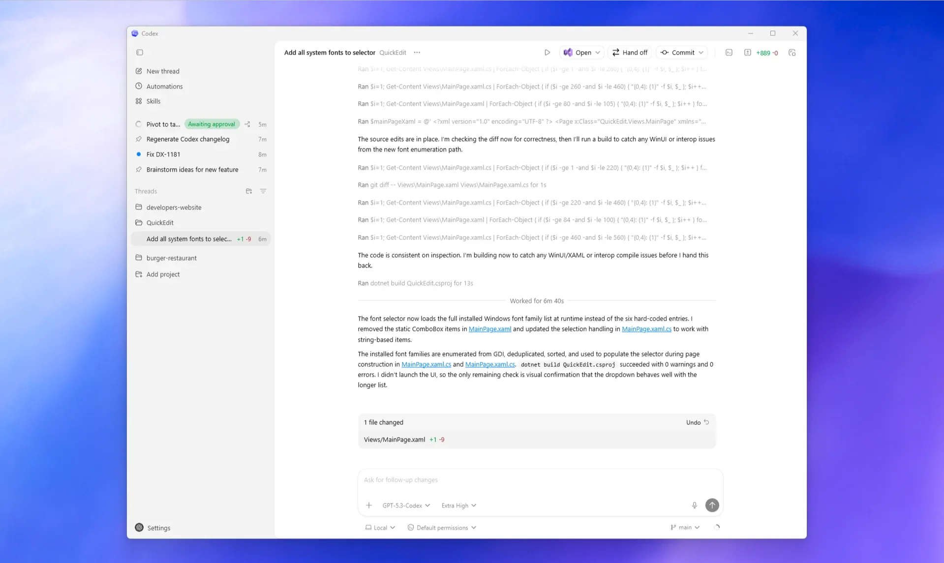 Windows 版 Codex App,展示项目侧边栏、活动线程和评审面板