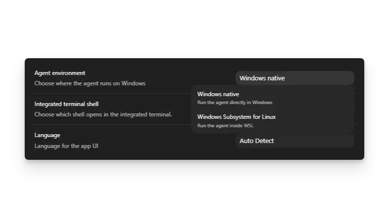 Codex App 设置中展示 Windows native(Windows 原生)与 WSL 智能体选择器