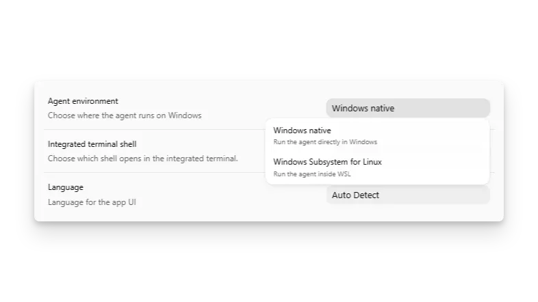 Codex App 设置中展示 Windows native(Windows 原生)与 WSL 智能体选择器