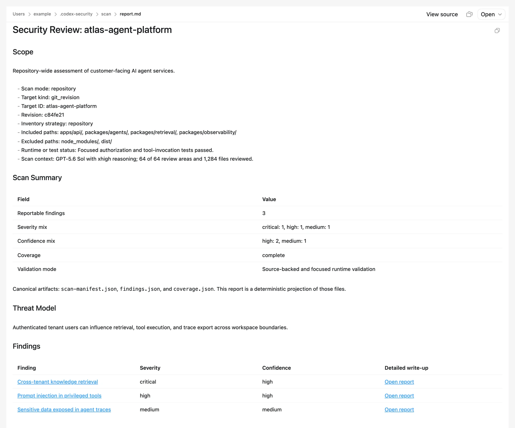 Informe Markdown generado por Codex Security que muestra el alcance del análisis y los hallazgos validados