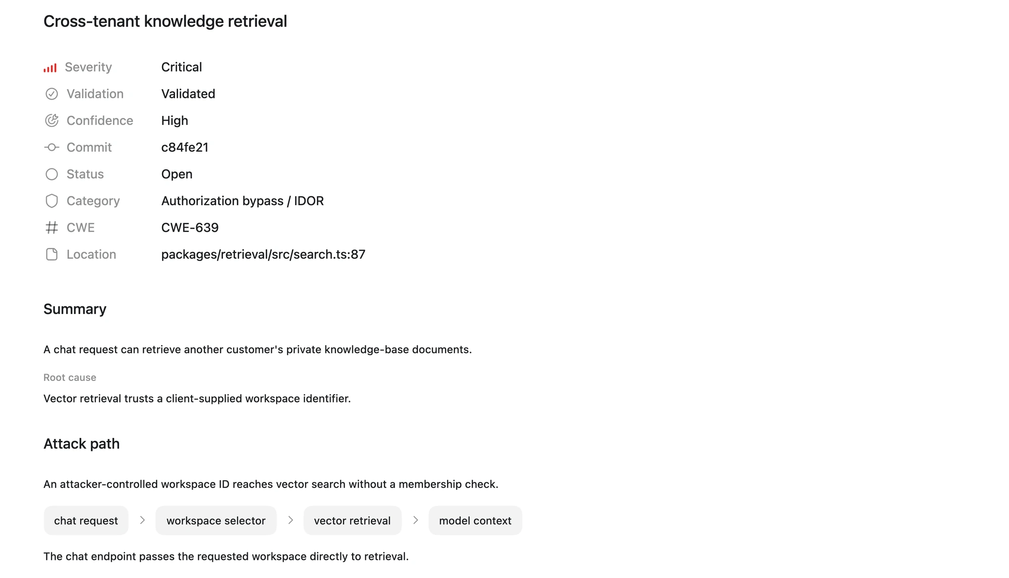 Codex Security Befund mit Schweregrad, Validierungsstatus, Grundursache und Angriffspfad