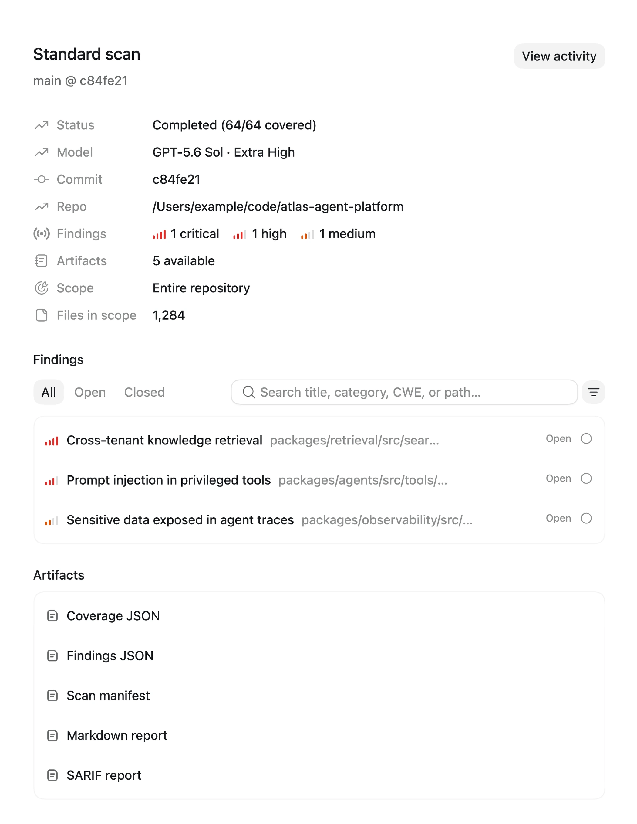 Análisis completado de Codex Security que muestra los hallazgos en el entorno de trabajo nativo