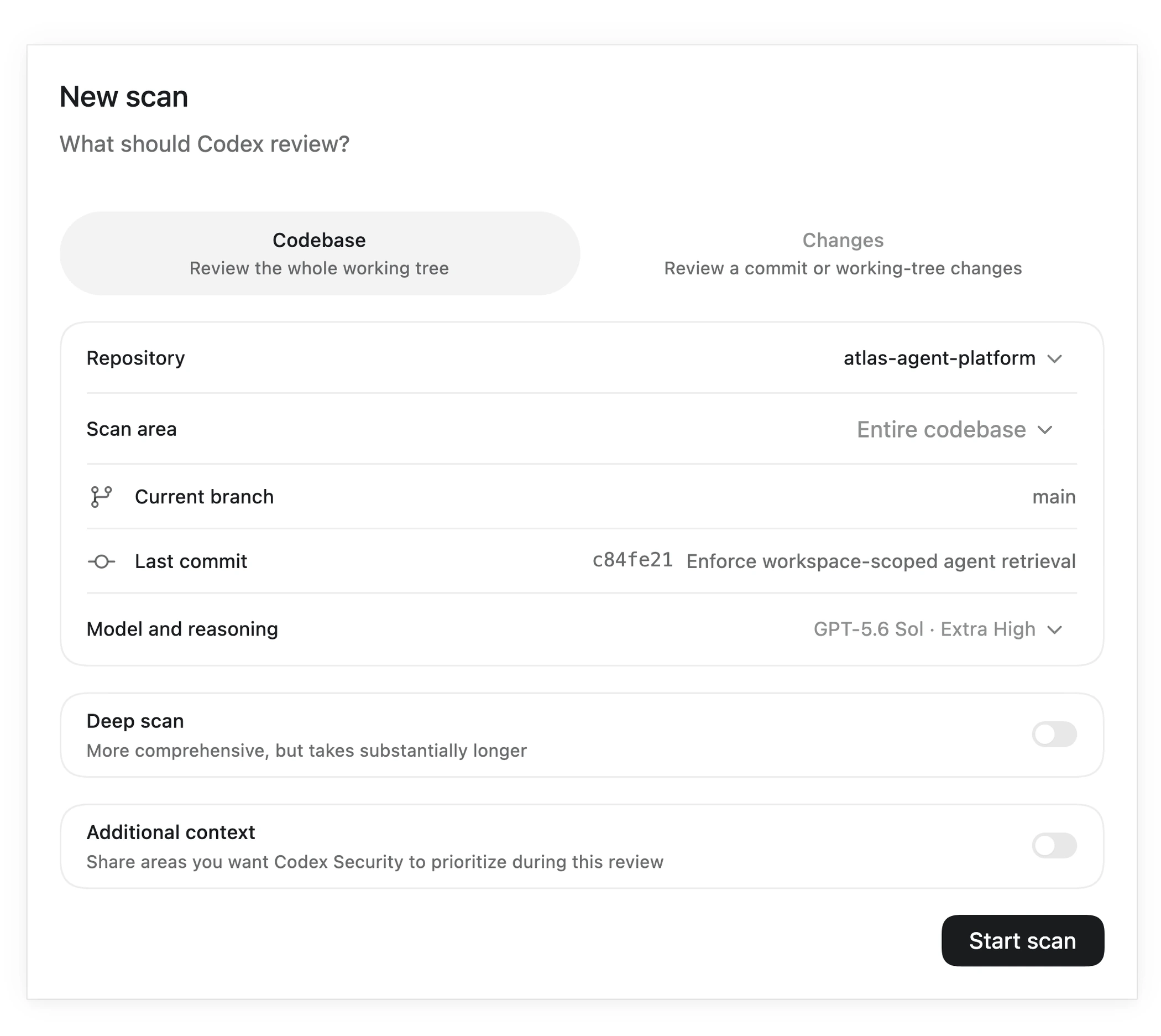 Entorno de trabajo nativo de Codex Security que muestra la configuración de un nuevo análisis antes de iniciar el análisis de un repositorio