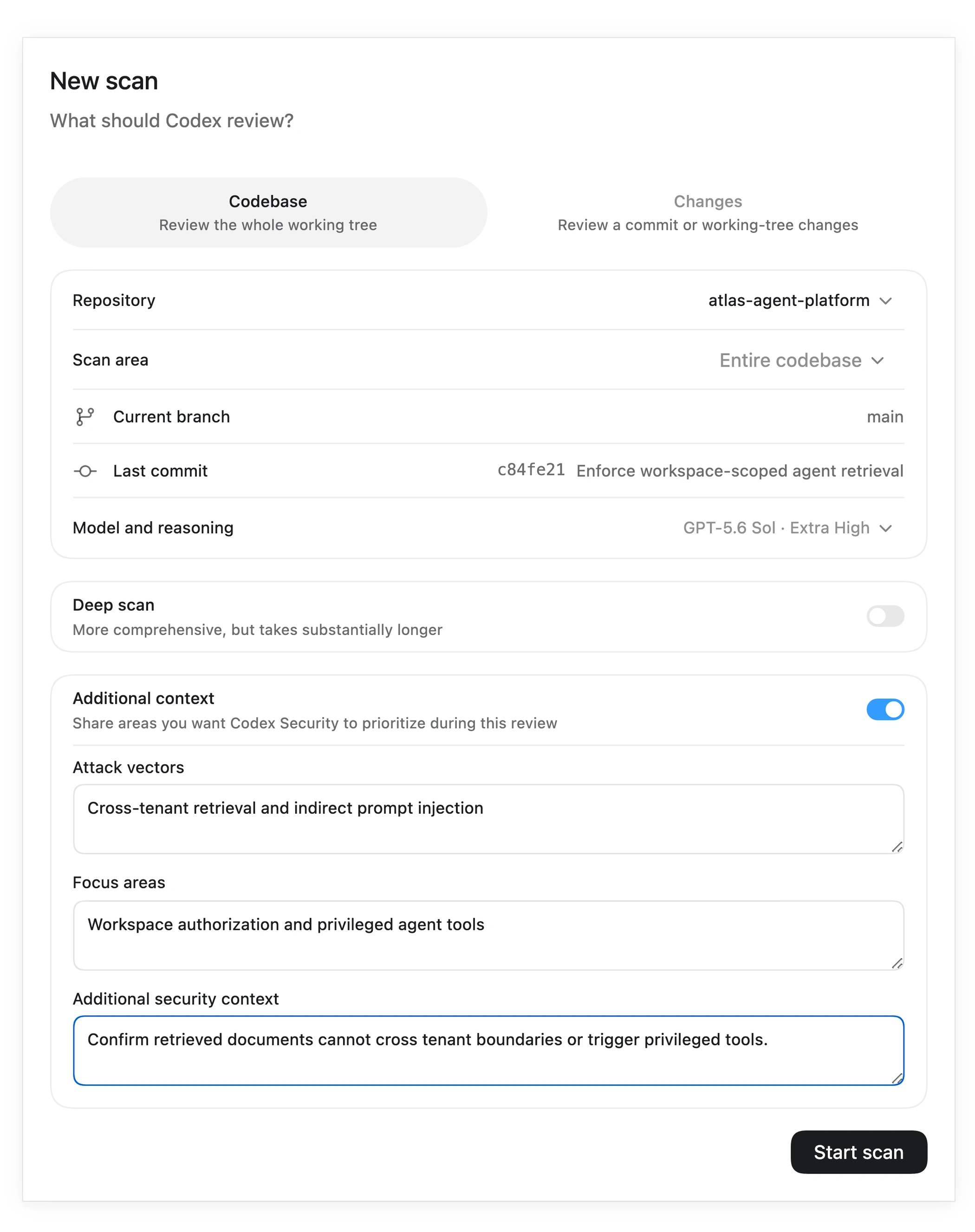 Configuración nativa del análisis de Codex Security con contexto adicional habilitado y ejemplos de vectores de ataque, áreas de interés y orientación de seguridad